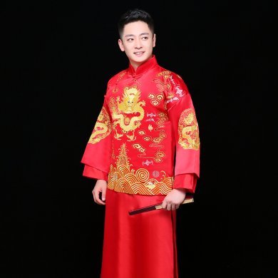 金龍刺繡男士中式禮服，時尚家佳樂文學新郎禮服