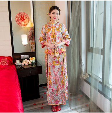 精美繡花中式禮服，時(shí)尚家佳樂文學(xué)新娘禮服