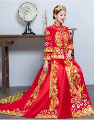 時(shí)尚家佳樂(lè)文學(xué)拖尾中式禮服，金線刺繡新娘禮服