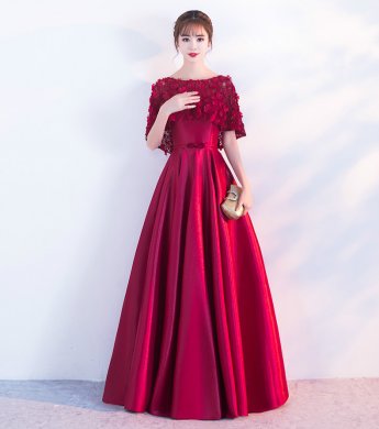 時尚家佳樂文學(xué)中式禮服，紅色蕾絲花朵晚禮服