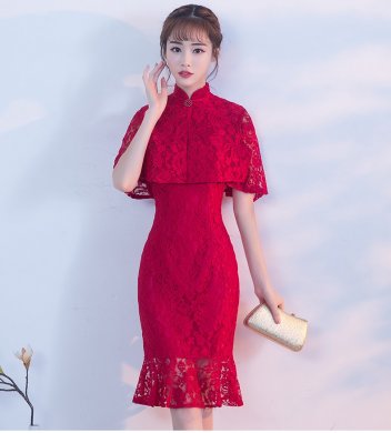 蕾絲披肩中式禮服，時尚荷葉邊魚尾裙晚禮服