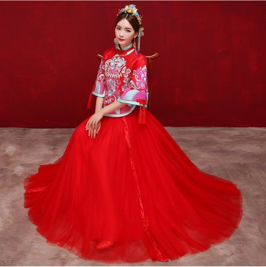 時尚復古設計中式禮服，唯美飄逸新娘禮服