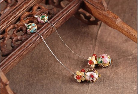 華麗景泰藍耳環(huán)，花朵圓珠純銀耳線首飾