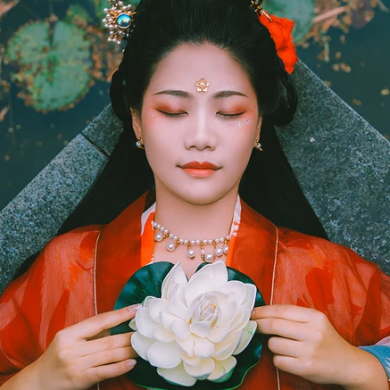 蓮池邊帶紅傘紅衣女生頭像，唯美古風(fēng)真人頭像