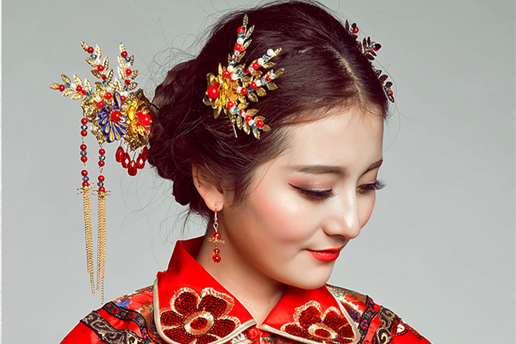 手工精美發(fā)飾紅雀，古代紅色中式發(fā)插