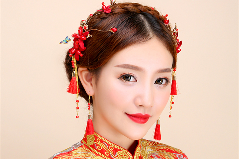 紅色頭飾邊夾耳鉤套裝，2017新款新娘配色