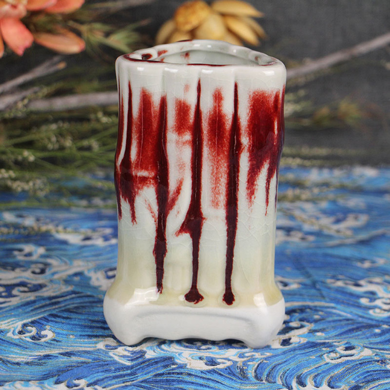 禹州神垕鈞瓷窯變雞油黃竹節(jié)筆筒