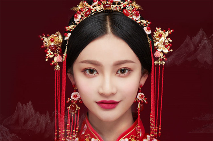 金底紅古風頭飾，復古貝殼花流蘇發(fā)簪