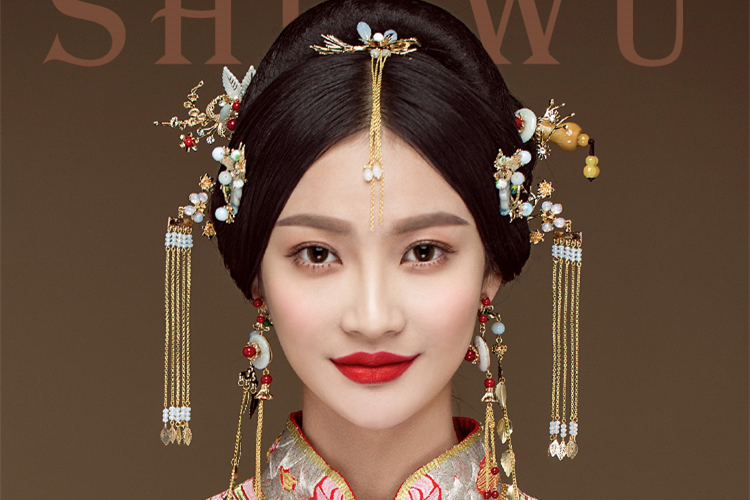 古玉串珠中式流蘇頭飾，新娘古裝發(fā)飾套裝