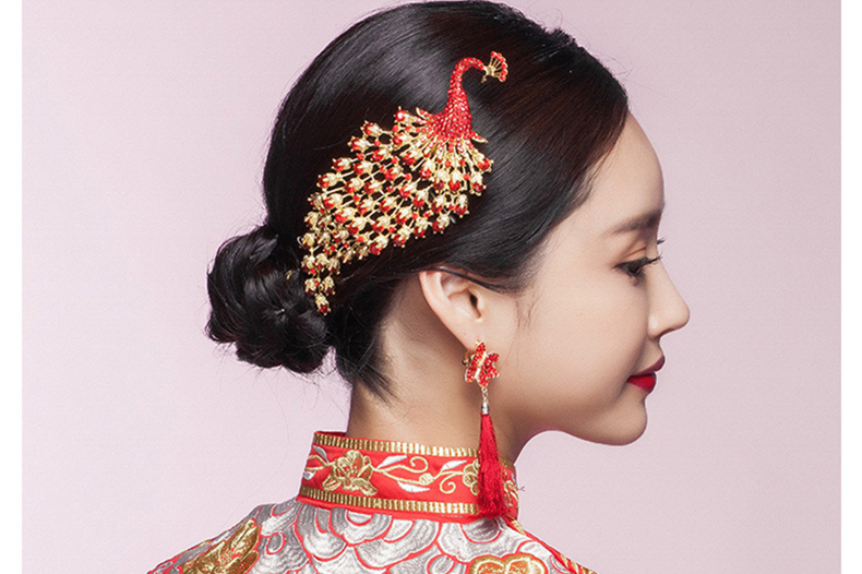 金色中式新娘鳳凰頭飾，盤發(fā)插梳敬酒服發(fā)飾