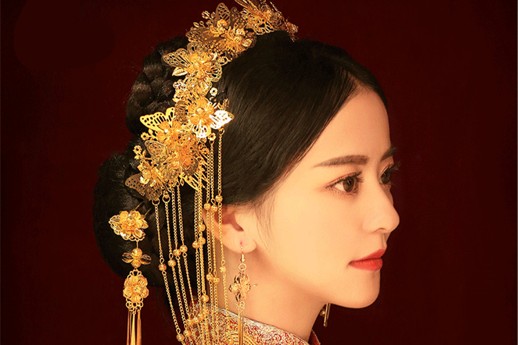 女子金色流蘇古風(fēng)頭飾，鳳冠配飾品