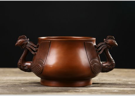紫銅雙鳳耳香爐，仿古無蓋熏香爐