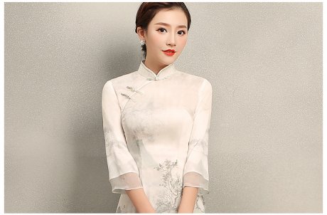 復(fù)古飛鶴旗袍，淡雅中袖中式旗袍裙