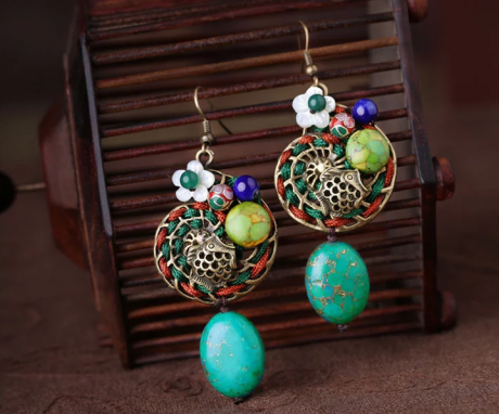 綠松石貝殼花復古氣質耳環(huán)首飾