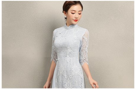 氣質(zhì)素藍色蕾絲旗袍，中袖中式旗袍裙