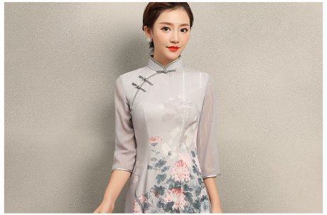 淡灰色花閣旗袍，奧黛風(fēng)中式旗袍裙