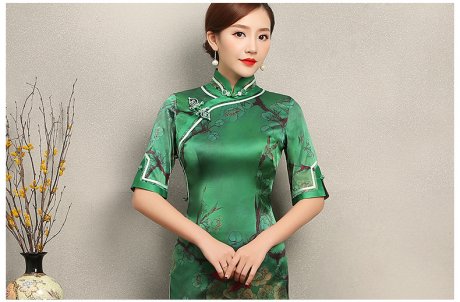 花枝印花綠色旗袍，民族風(fēng)短袖旗袍裙
