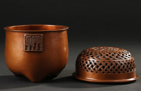 藤編紫銅香爐，仿古印章純銅熏香爐