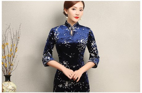 優(yōu)雅時尚梅蘭旗袍，復(fù)古絲絨印花旗袍裙