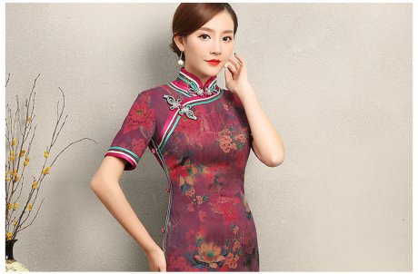 紫蘇韻味印花旗袍，民族風(fēng)包邊短袖旗袍裙