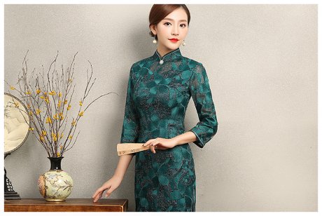 綠色葉嵐旗袍，復(fù)古蕾絲繡花旗袍裙