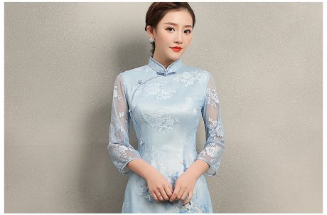 清雅藍(lán)蝶蕾絲旗袍，中袖唯美旗袍裙