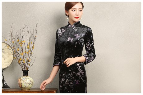 竹蝶黑色旗袍，復(fù)古絲絨印花旗袍裙
