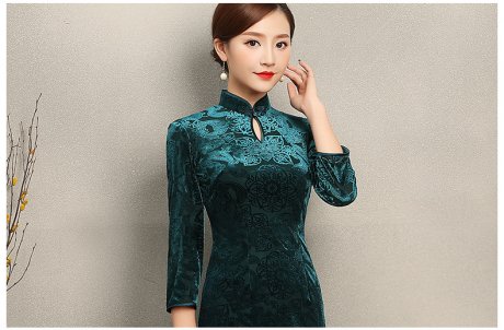 墨綠貴春旗袍，復(fù)古絲絨燒花旗袍裙
