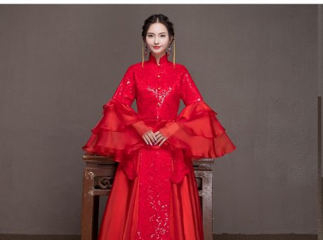 荷葉邊袖新娘結(jié)婚禮服，優(yōu)雅網(wǎng)紗蓬松中式禮服