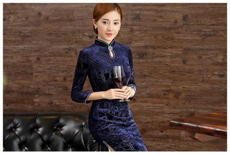 復(fù)古絲絨燒花旗袍，時尚藍(lán)色中長款旗袍裙